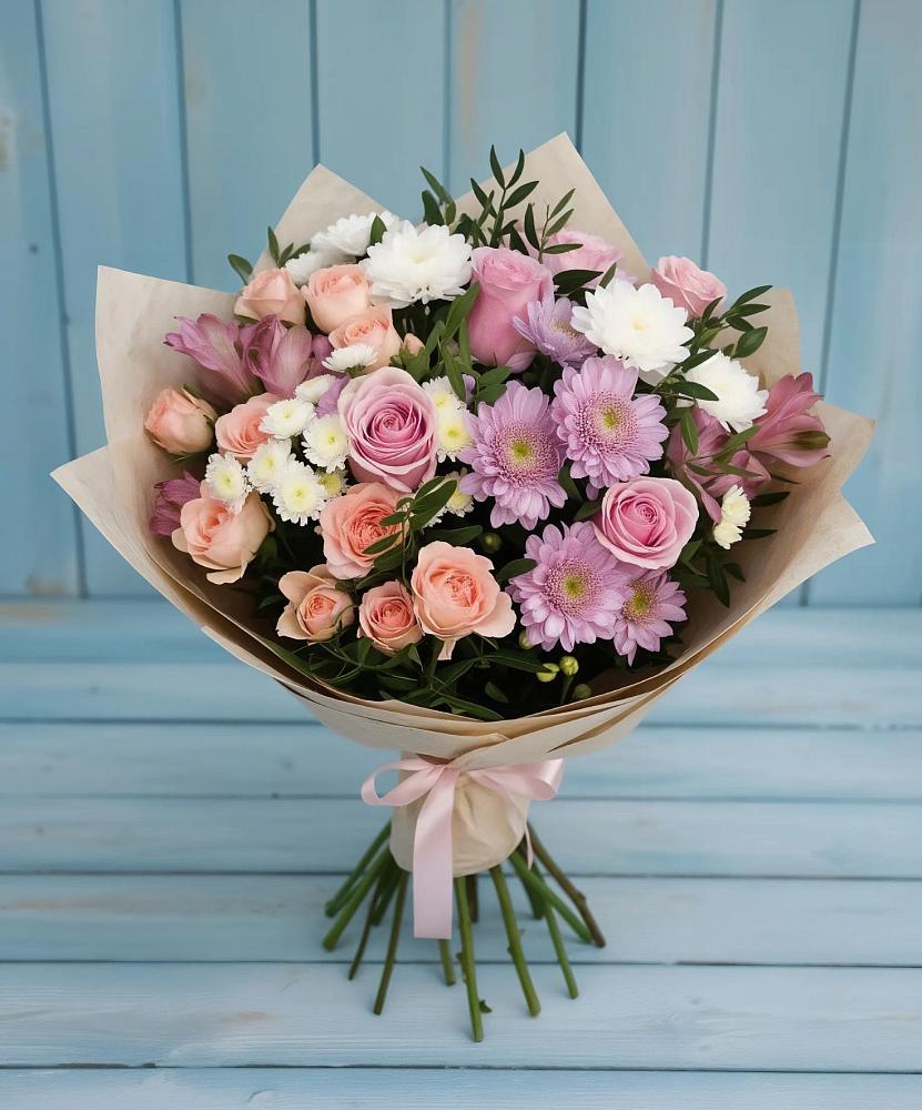 Букет цветов из: Хризантемы, Розы и Альстромерии в Тайге