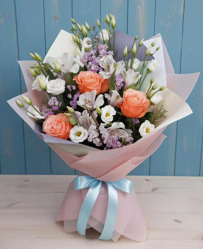 Букет цветов из: Лизиантусы, Розы, Альстромерии и Гипсофила в Тайге