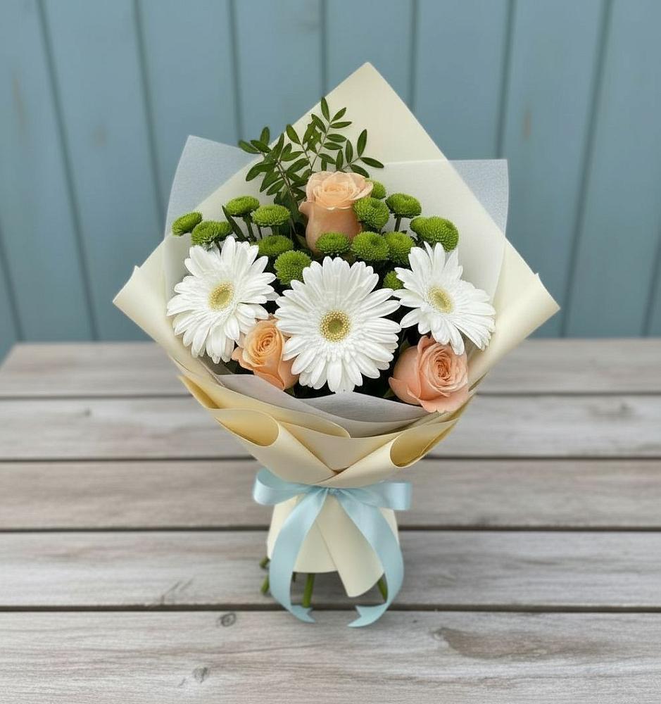 Букет цветов из: Герберы, Розы и Хризантемы в Тайге
