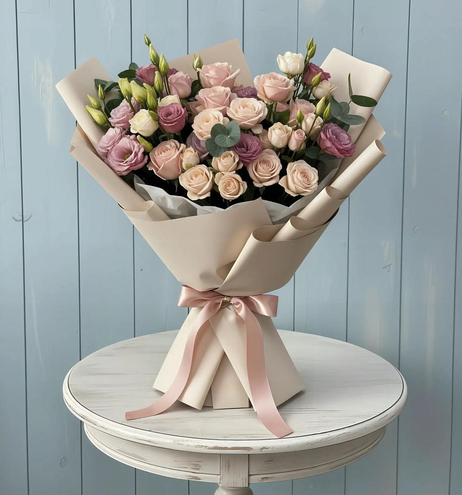 Букет цветов из: Розы и Лизиантусы в Тайге