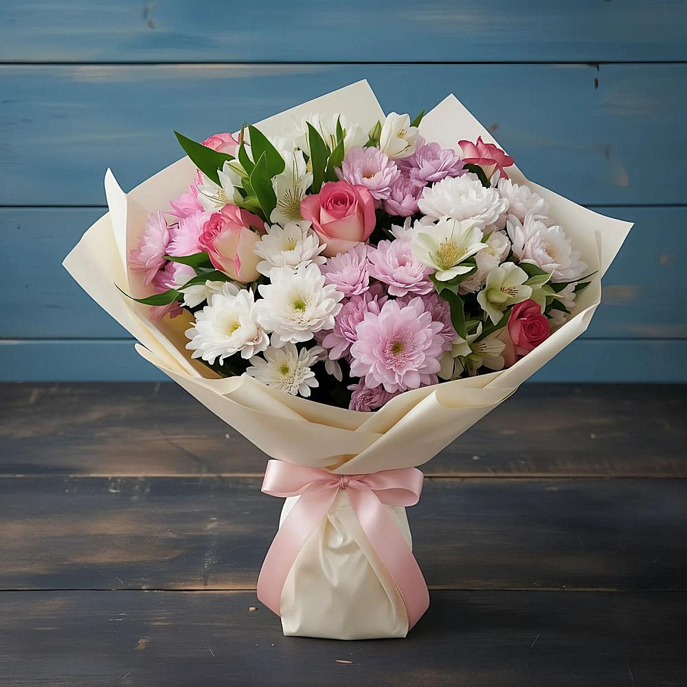 Букет цветов из: Хризантемы, Альстромерии и Розы в Тайге